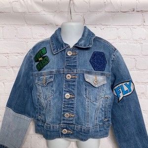 Cat & Jack Patchwork Denim Be a Hero/Live and Learn/Fly Crop Jacket